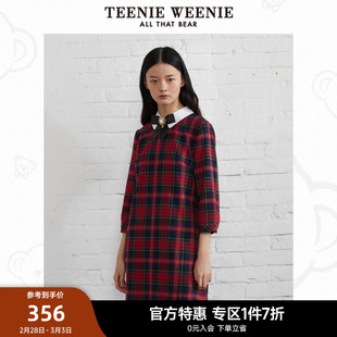 TeenieWeenie小熊奥莱格纹连衣裙A字裙高腰学院风气质裙女秋款