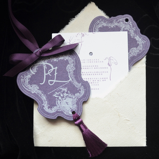 rocksugar小众设计紫色新中式，流苏letterpress高级婚礼请柬帖