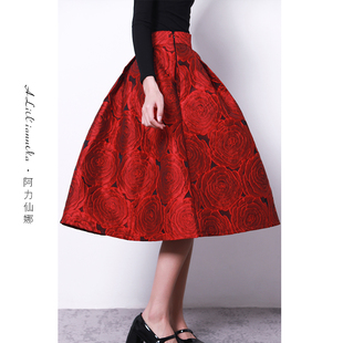 阿力仙娜红色玫瑰提花系列 优雅收腰显瘦中长款高腰赫本风半身裙