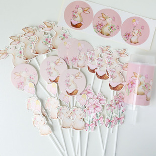 粉色手绘兔子甜品台装饰蛋糕插牌兔宝宝，满月百天周岁甜品台插件