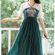 新中国风改良版日常汉服汉元素刺绣文艺复古长款仙女裙学生连衣裙