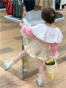 韩国女童春秋刺绣大翻领粉色娃娃衫女宝毛球针织短裤套装外贸