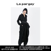 Lapargay纳帕佳春季女装黑色上衣欧美时尚暗条纹斜门襟长外套