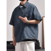牛仔短袖衬衫夏天新中式小众设计感盘扣深蓝色衬衣，男国风外套潮流
