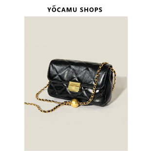 YOCAMU小香风菱格链条包金球女高级质感包包小方包牛皮斜挎小包