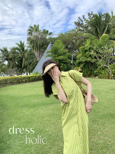 dressholic显白绿色条纹，衬衫裙清凉宽松短袖休闲连衣裙茶歇长裙