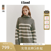 eland衣恋毛衣女中长款高领，条纹配色百搭保暖上衣冬季