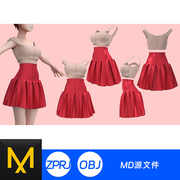 clo3d模型三维建模打版md服装，上衣夏季百褶裙，短裙子女连衣裙a82