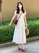 白色连衣裙女夏季法式蕾丝泡泡袖收腰显瘦中长款气质公主裙