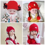 婴儿帽子秋冬季过年婴幼儿可爱红色，女宝宝假发帽儿童毛线帽胎帽