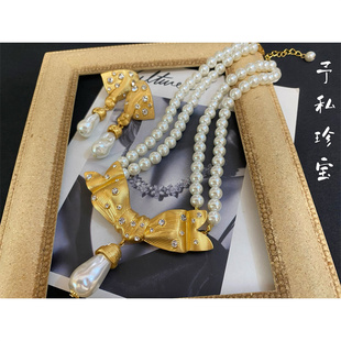 1574复古vintage镀真金，保色欧美蝴蝶结珍珠，耳环项链套装