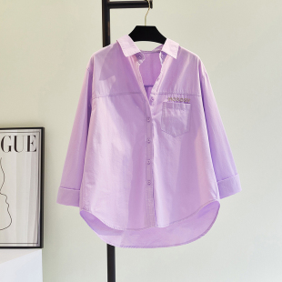 紫色棉衬衫女字母绣花宽松休闲衬衣2024时尚百搭长袖上衣衬衫