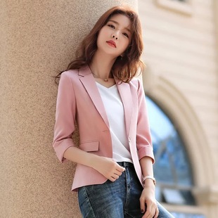 韩版OL轻熟休闲一粒扣七分袖粉色短款亚麻小个子西服小西装外套