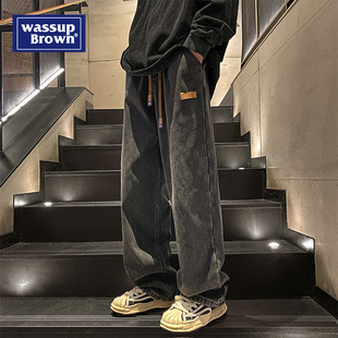 WASSUP黑色牛仔裤男秋冬季复古宽松直筒高街潮牌加绒加厚休闲长裤