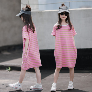 韩版童装2023新夏装(新夏装)女童短袖连衣裙母女装，中大童洋气宽松条纹裙子