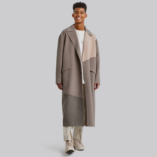 deptanonym毛呢大衣，男冬季撞色拼接羊绒，混纺中长款呢子外套
