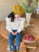 韩版女童衬衫秋装2023儿童娃娃领长袖衬衣洋气女宝宝刺绣上衣