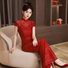 红色改良新中式新娘旗袍敬酒服订婚结婚主持人礼仪礼服女士连衣裙