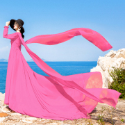 超仙气海边度假裙粉红色拖尾连衣裙女波西米亚大摆微胖长裙子别致