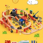 小火车玩具轨道车木质停机坪，飞机汽车搭积木儿童电动车玩具男孩