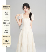 一颗小野莓短袖方领连衣裙女夏季韩系甜美气质设计感修身显瘦长裙