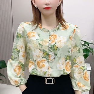 春季时尚减龄长袖木耳边雪纺，衫女洋气显瘦妈妈百搭碎花上衣潮