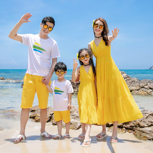 亲子装一家三口海边度假沙滩裙母女装黄色V领连衣裙三亚旅游