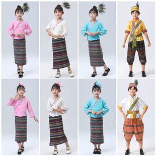 傣族秋季日常云南旅游西双版纳少数民族服饰，男女童演出服套装