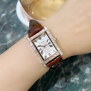 简约气质士镶钻长方形个性手表，大红真皮表带女时尚石英国产腕表