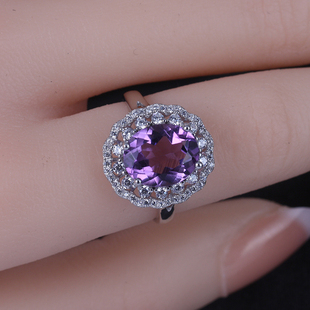 天然紫水晶戒指s925纯银高级彩宝豪华紫晶宝石指环开口可调节