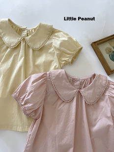超薄水洗纯棉夏季可爱衬衫，蕾丝边泡泡袖短袖，娃娃领上衣女宝童装