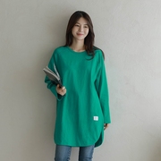 韩国2024春季女士棉白色，打底衫女长款遮屁股，长袖t恤绿色慵懒