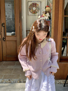 甜美蕾丝娃娃领针织毛衣，开衫女秋季2023浅紫色蝴蝶结宽松上衣