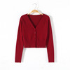 法式复古v领红色针织开衫，外套女秋冬网红束腰小短款毛衣披肩