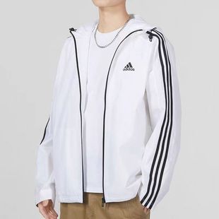 Adidas阿迪达斯男款三条纹运动休闲连帽透气防晒衣夹克外套IB0382