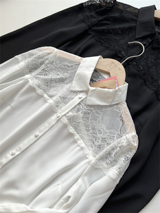 外贸纯原 欧美单女士唯美小性感镂空蕾丝法式拼接雪纺长袖衬衫