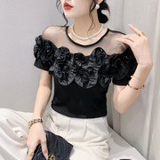 欧洲站夏装时尚性感网纱拼接t恤女短袖，木耳边上衣修身显瘦小衫潮