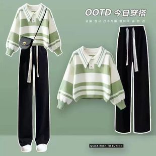 女童套装2024春秋绿色Polo领针织卫衣时尚牛仔裤两件套洋气潮