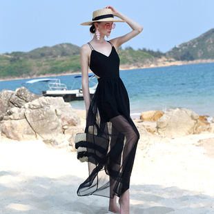2023高端巴厘岛长裙三亚海边度假连衣裙高级感礼服黑纱沙滩裙