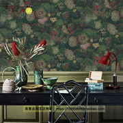 欧式美式复古墨绿色红色壁纸，梵高墙纸花朵，卧室餐厅客厅电视背景墙