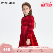 Lynn&Milo琳麦罗2024女童连衣裙 金丝绒唯美洋气红色儿童长袖裙子
