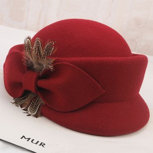 帽子女秋冬时尚优雅羽毛蝴蝶结羊毛呢贝雷帽毡帽女士气质百搭礼帽