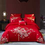 新结婚庆床上用品全棉四件套大红色新婚喜被套床单纯棉刺绣新中式