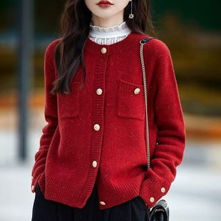 红色圆领针织开衫女秋冬季法式气质宽松毛衣，外套洋气显瘦上衣