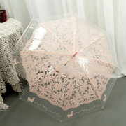 韩版清新碎花朵小猫咪长柄伞唯美透明伞夏季雨伞拍照白色粉色弯钩