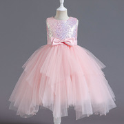 女童礼服裙摆短裙网纱蓬蓬亮片表演粉红色，公主裙不规则连衣裙