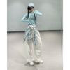 林小花(林小花)jazz跳舞裤，子女蓝色字母，短上衣+白色直筒运动裤束脚休闲裤