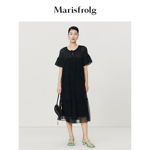 新能量(新能量)黑裙，玛丝菲尔2023年夏季系带式收腰真丝连衣裙女