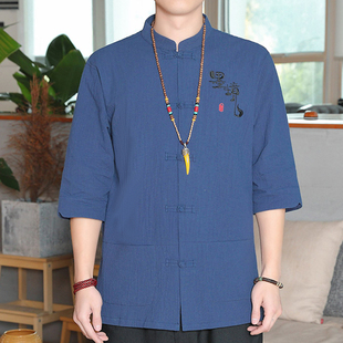 中国风棉麻男衬衫复古风唐装，汉服七分袖立领，中山t恤短袖麻男上衣