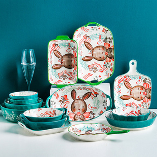 韵唐陶瓷萌兔餐具日式汤碗面(汤碗面)碗单个卡通创意家用饭碗烤盘碗盘套装